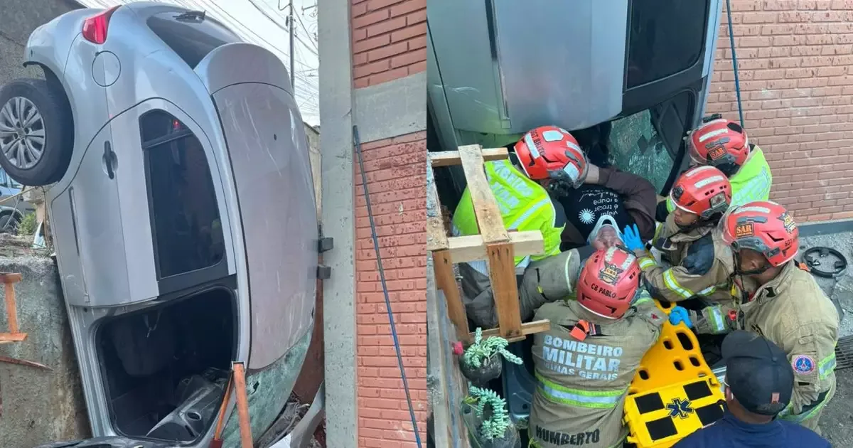 Motorista é resgatado após carro bater em muro de escola em Vespasiano